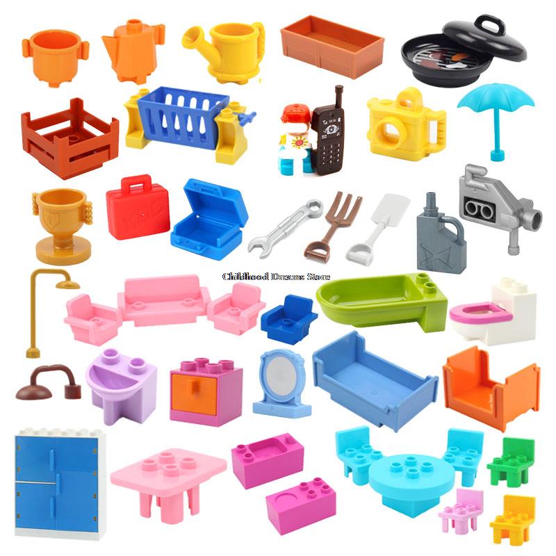 Lego Set City - บล็อกอาคารขนาดใหญ่เฟอร์นิเจอร์ชุดอุปกรณ์เสริมใช้งานร่วมกับอิฐบ้านโซฟาตารางตู้เสื้อผ้าเก้าอี้เครื่องครัวเด็ก DIY ของเล่น