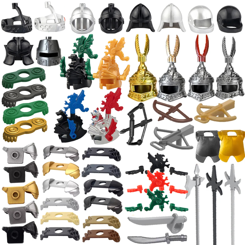 Lego Minifigure Holder - ปราสาทยุคกลางทหารอัศวิน Building Block ทหารอาวุธอุปกรณ์เสริมเกราะหมวกกันน็อกไหล่เกราะเสื้อคลุม Bow Feather